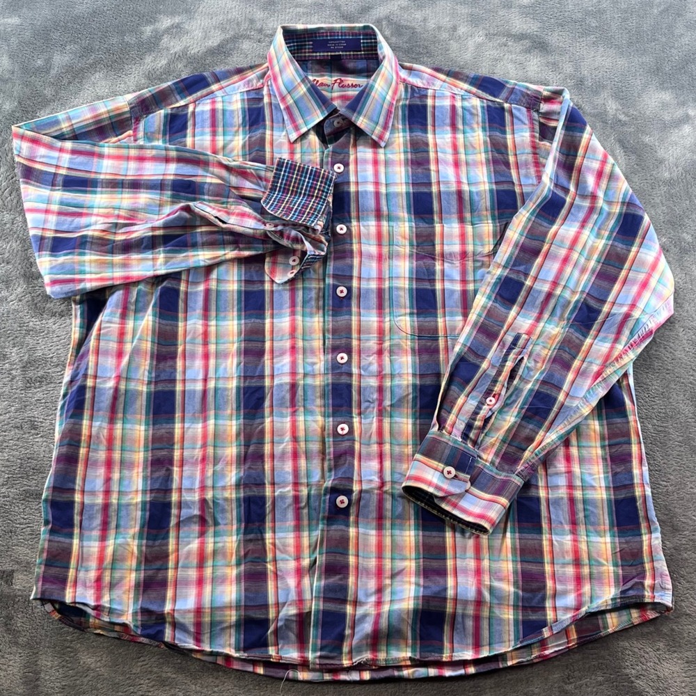 Alan Flusser Mens Large Long Sleeve Plaid Button Down Shirt Multi-Color Cotton